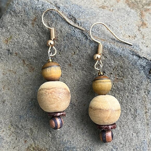 Tigers Eye and Wood Bead Earring Handmade - Picture 1 of 3